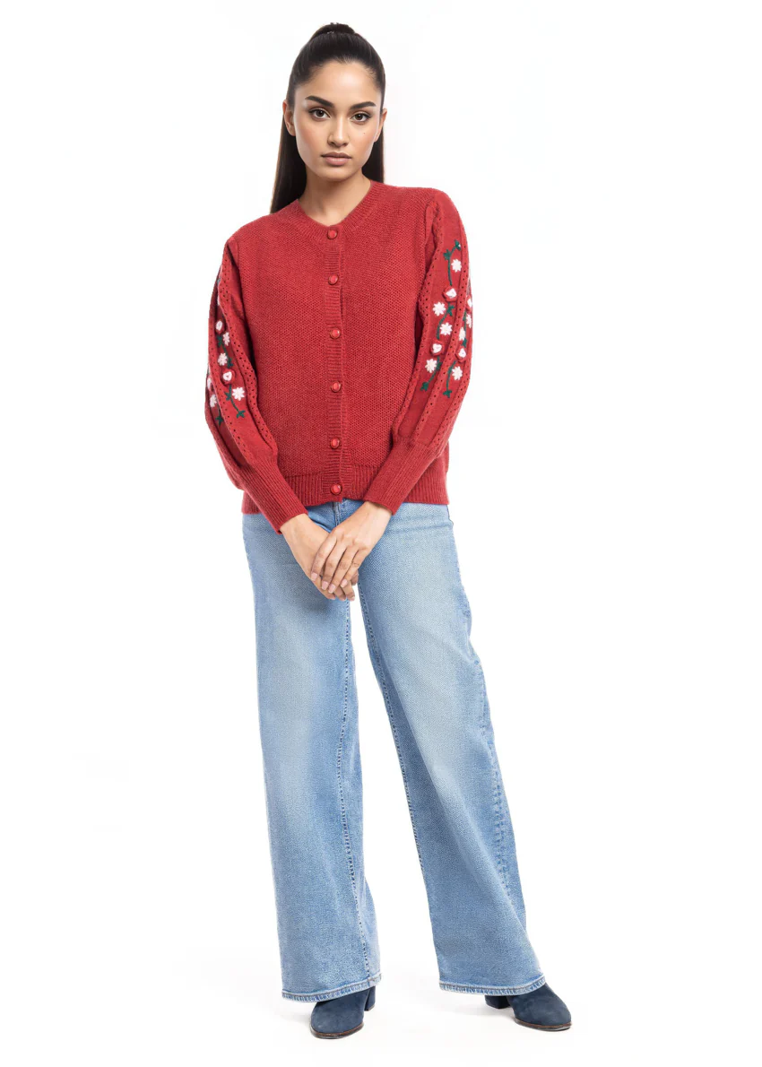 Maroon-Round Neck Cardigan Full Sleeves Sweater (25Y-002-67) - Image 2