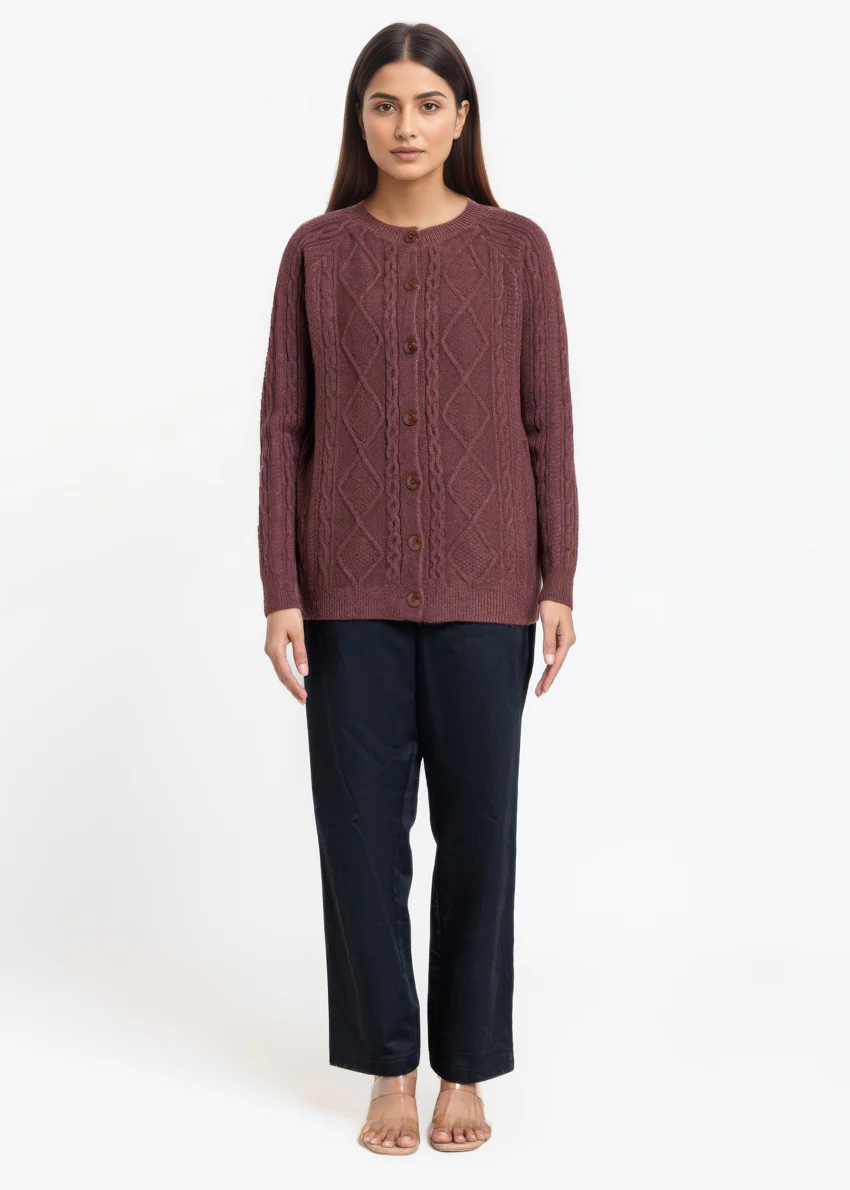Coffee-Round Neck Full Sleeves Cardigan Sweater (25Y-006-67) - Image 3