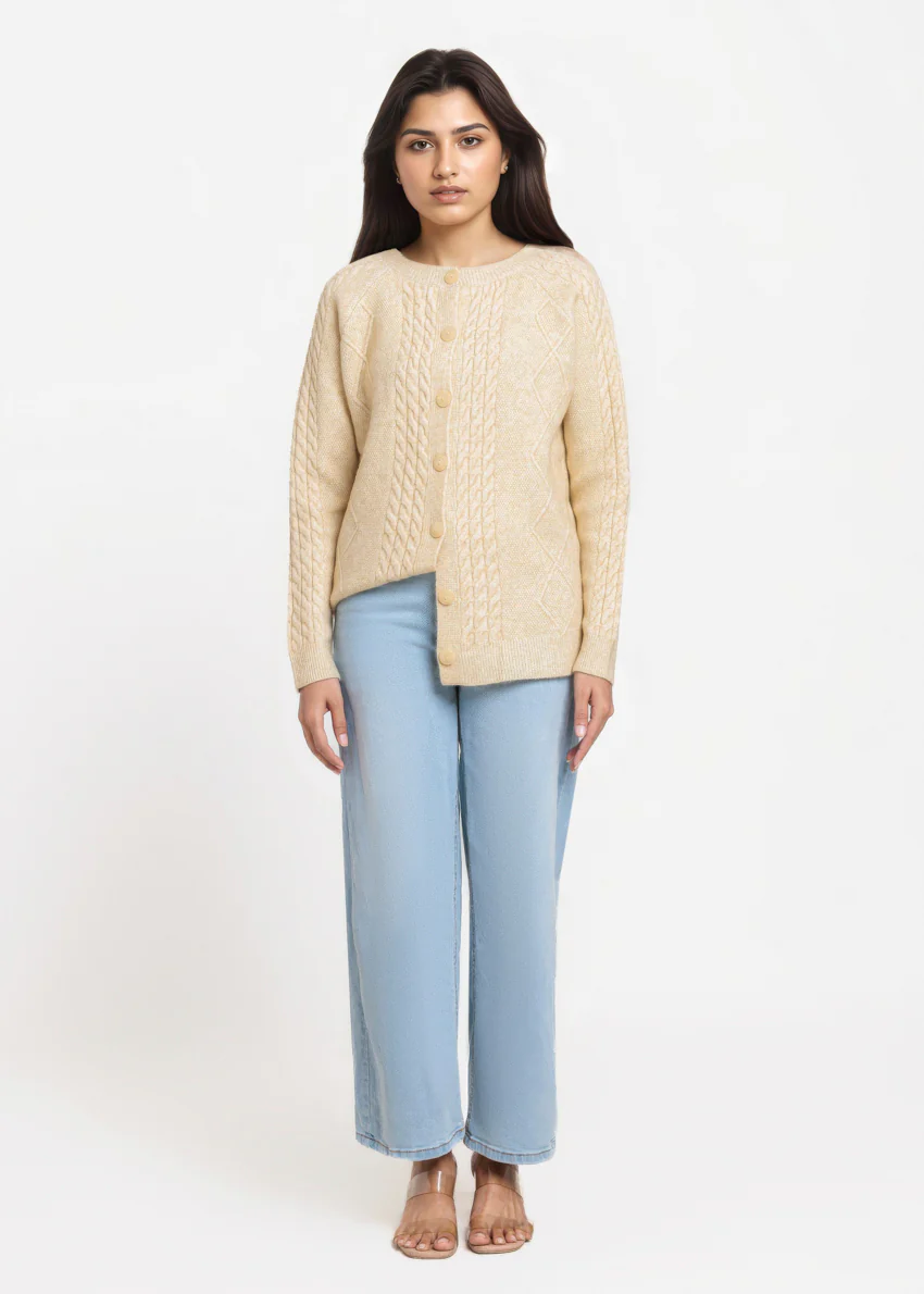 Beige-Round Neck Full Sleeves Cardigan Sweater (25Y-009-67) - Image 3