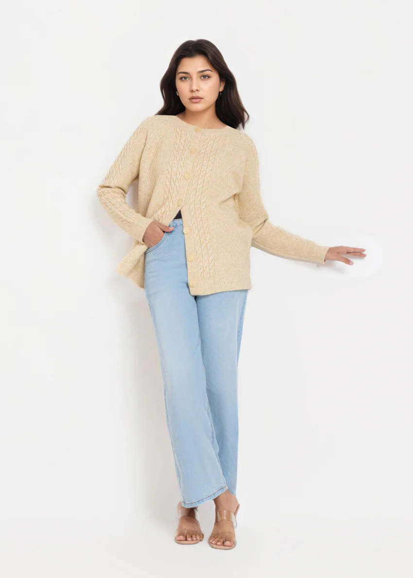 Beige-Round Neck Full Sleeves Cardigan Sweater (25Y-009-67) - Image 4