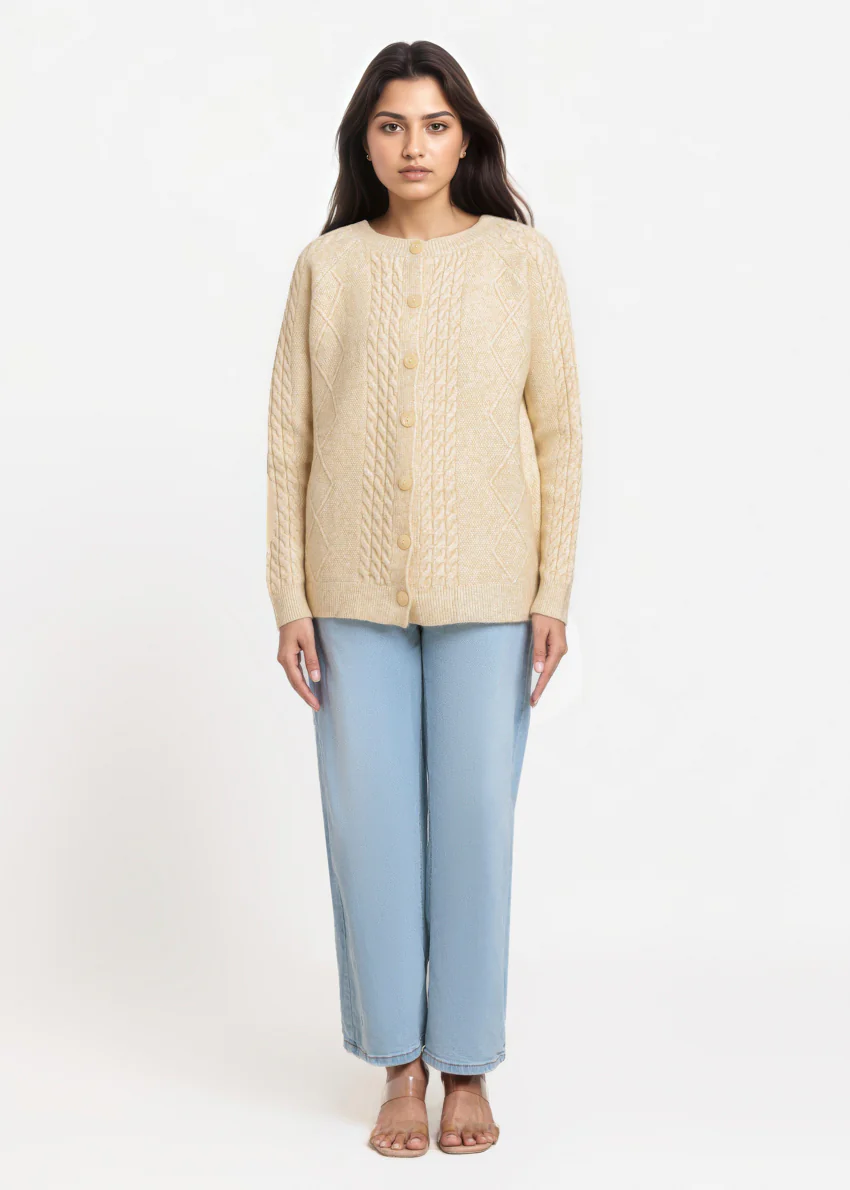 Beige-Round Neck Full Sleeves Cardigan Sweater (25Y-009-67) - Image 5