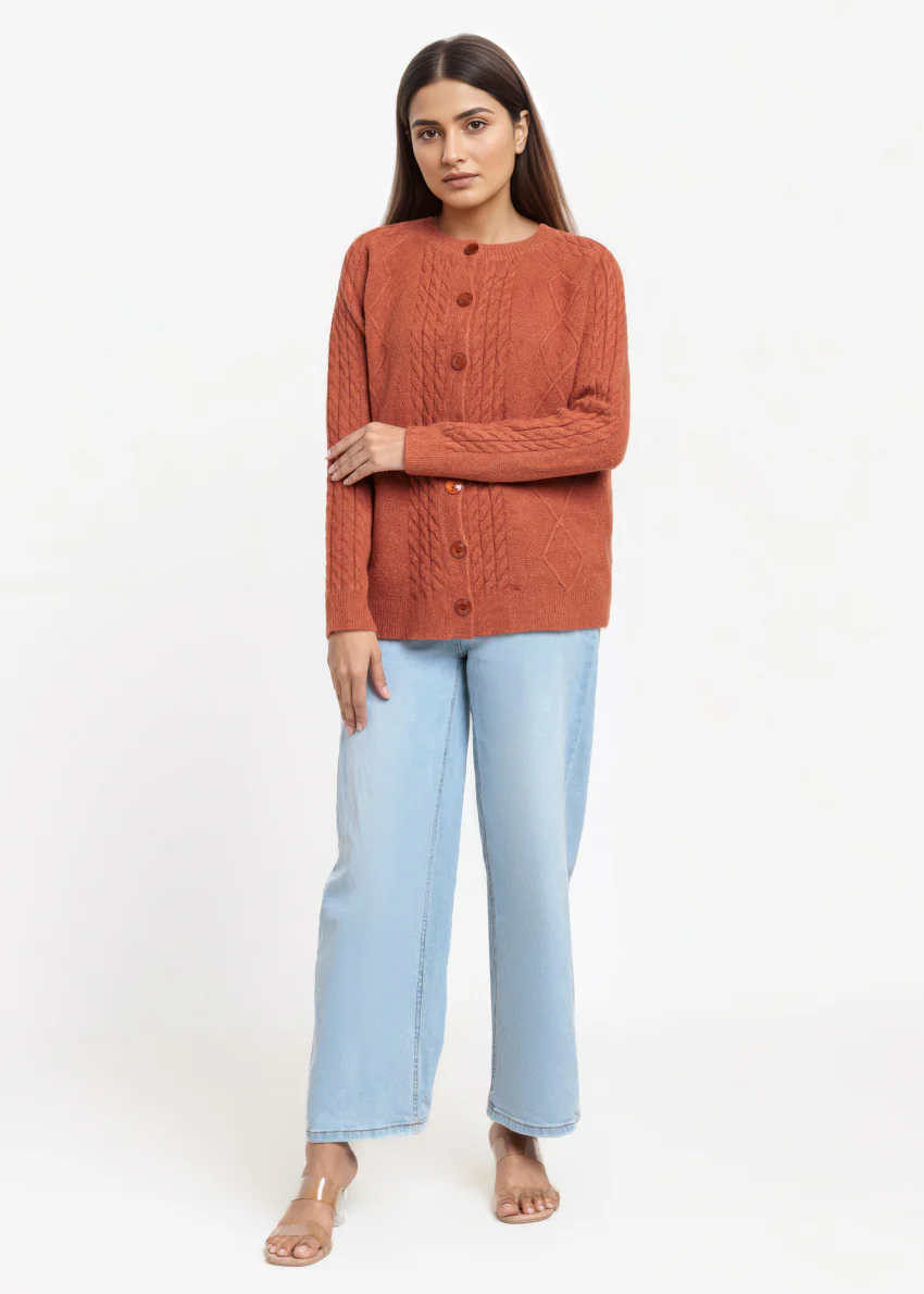Rust-Round Neck Full Sleeves Cardigan Sweater (25Y-009-67) - Image 4