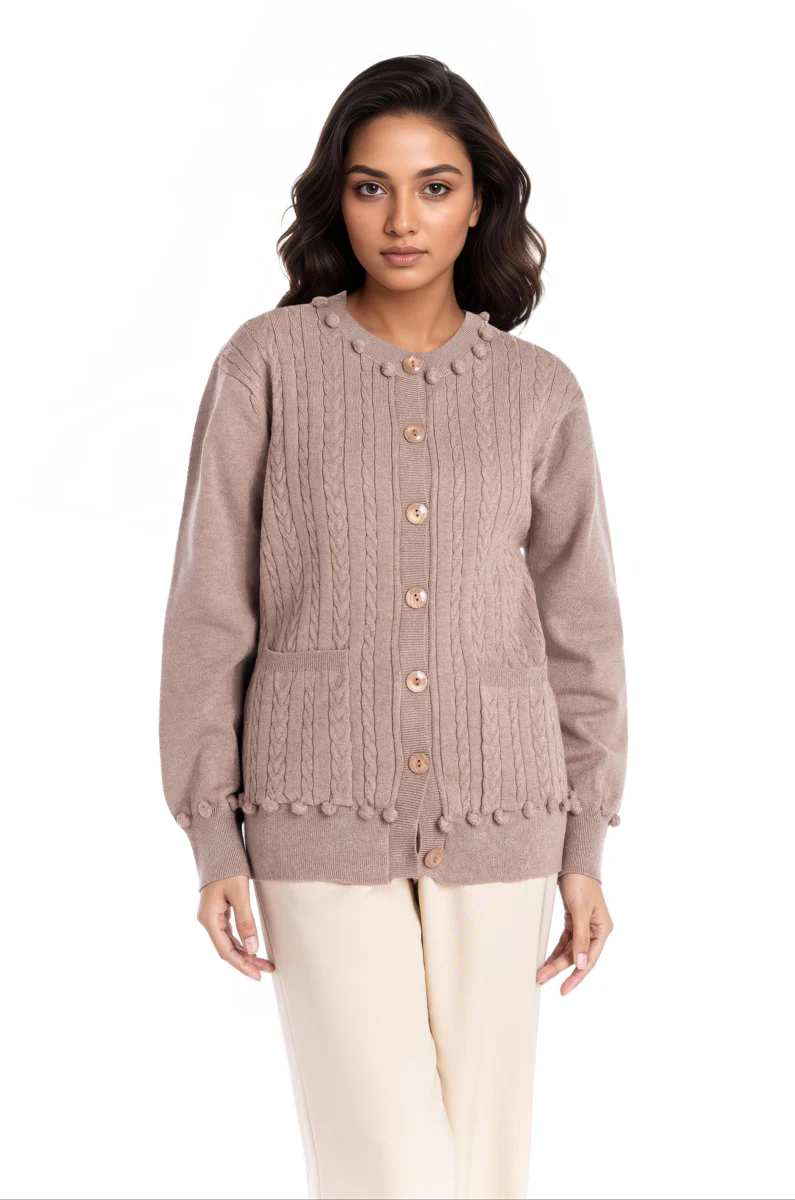 D-Beige-Round Neck Full Sleeves Cardigan Sweater (25Y-010-67) - Image 3