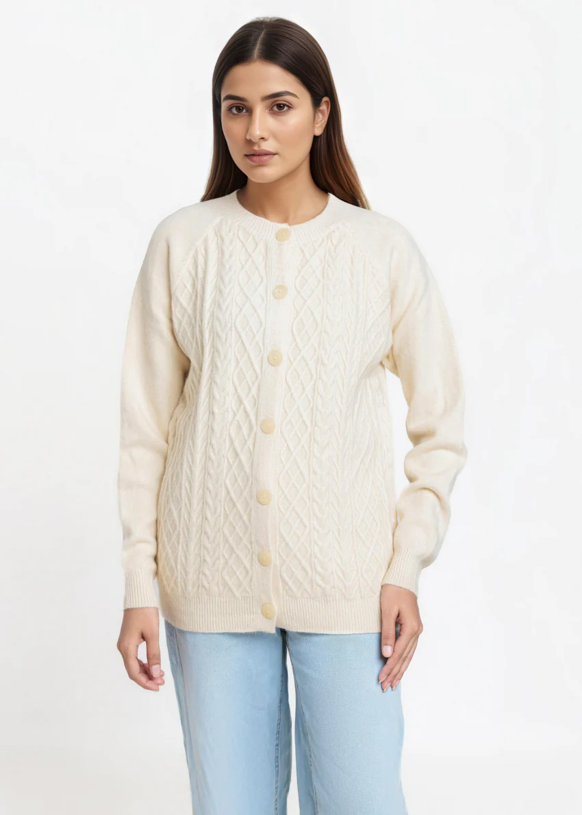 O-White-Round Neck Full Sleeves Cardigan Sweater (25Y-014-67) - Image 4