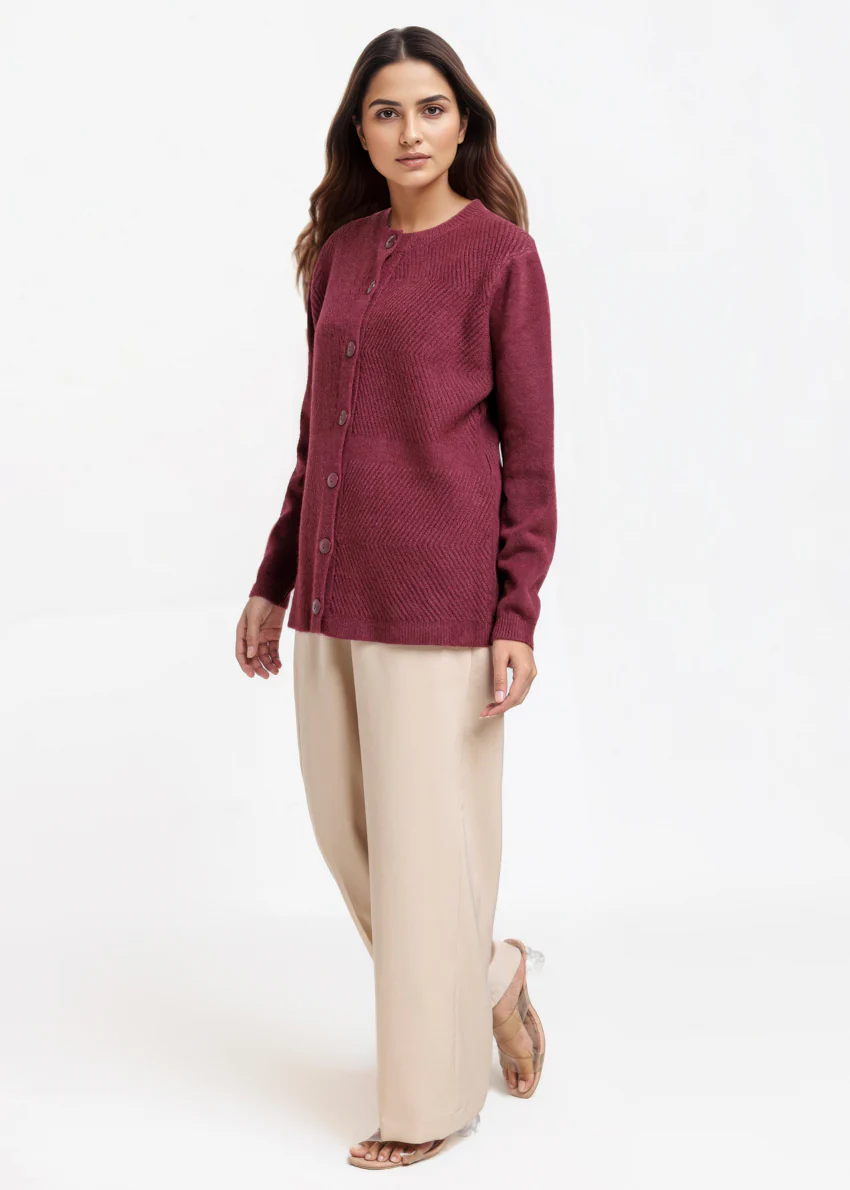 Maroon-Round Neck Full Sleeves Cardigan Sweater (25Y-016-67) - Image 3
