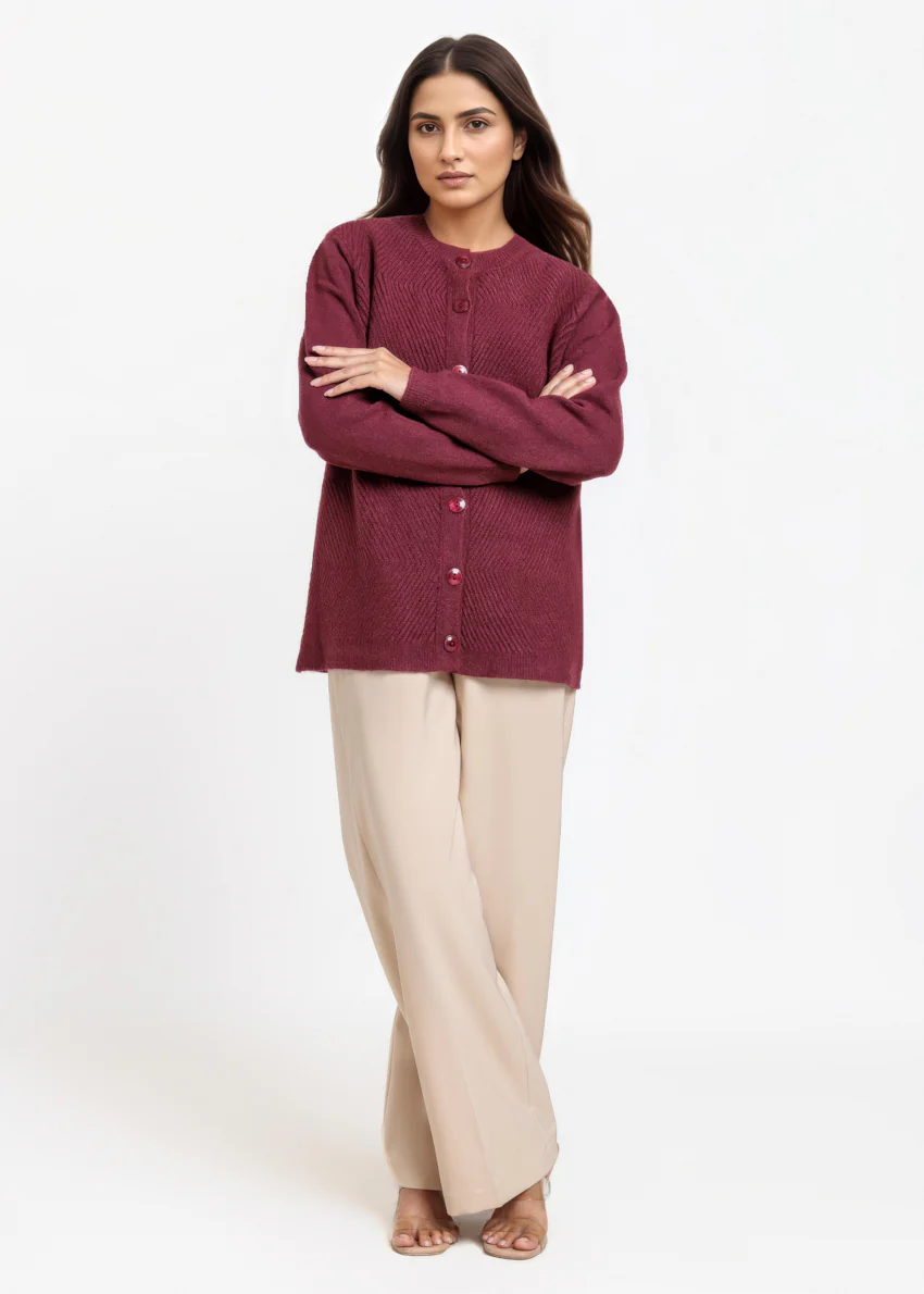 Maroon-Round Neck Full Sleeves Cardigan Sweater (25Y-016-67) - Image 4
