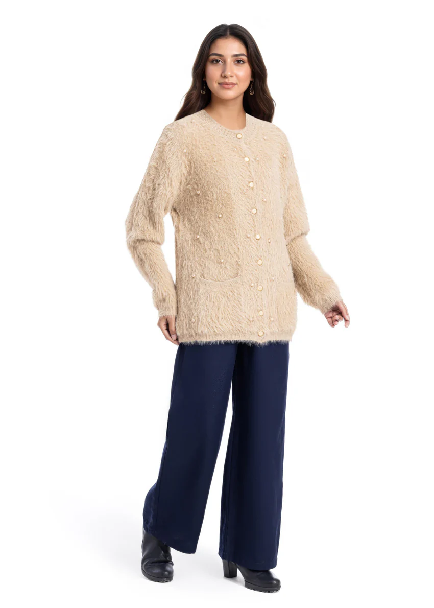 Beige-Round Neck Full Sleeves Cardigan Sweater (25Y-023-67) - Image 4