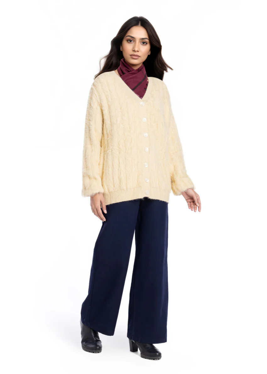 Cream-V Neck Cardigan Full Sleeves Sweater (25Y-024-67) - Image 3