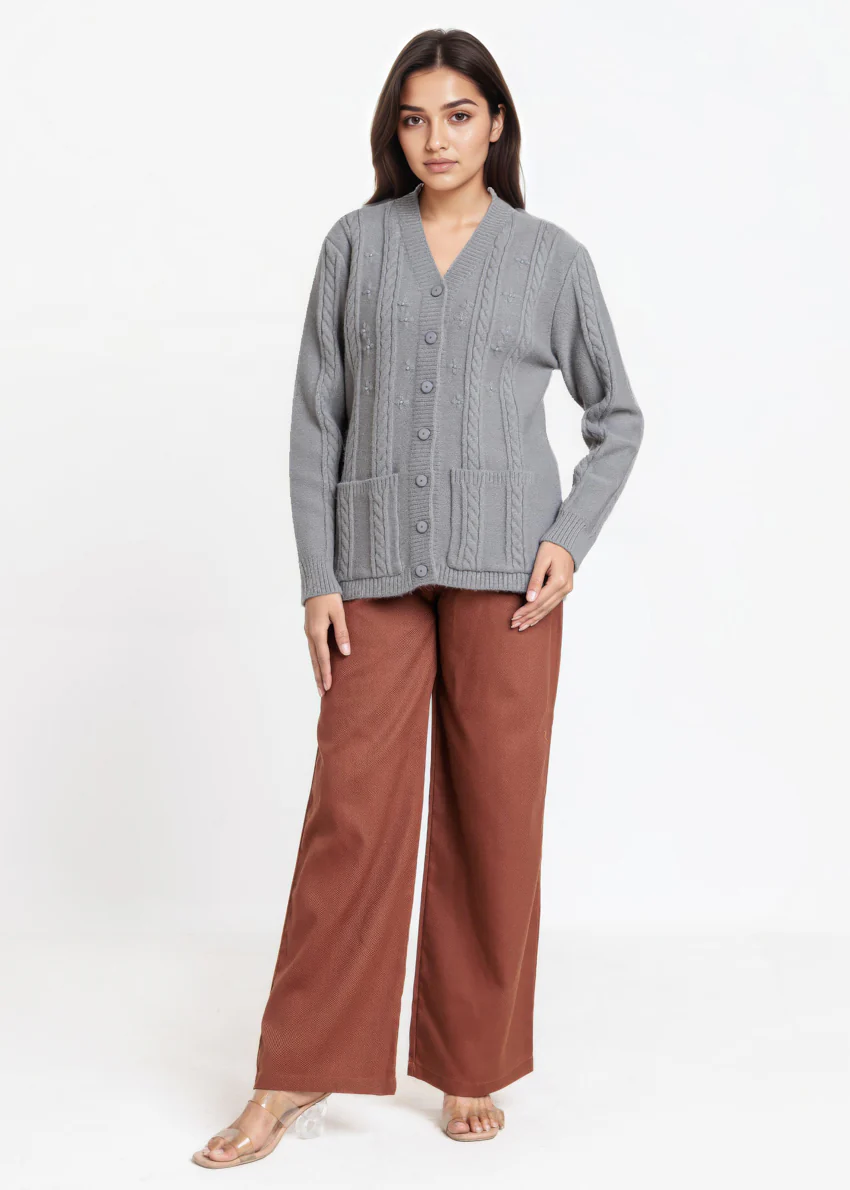Grey-V-Cardigan Full Sleeves Sweater (25Y-025-67) - Image 3