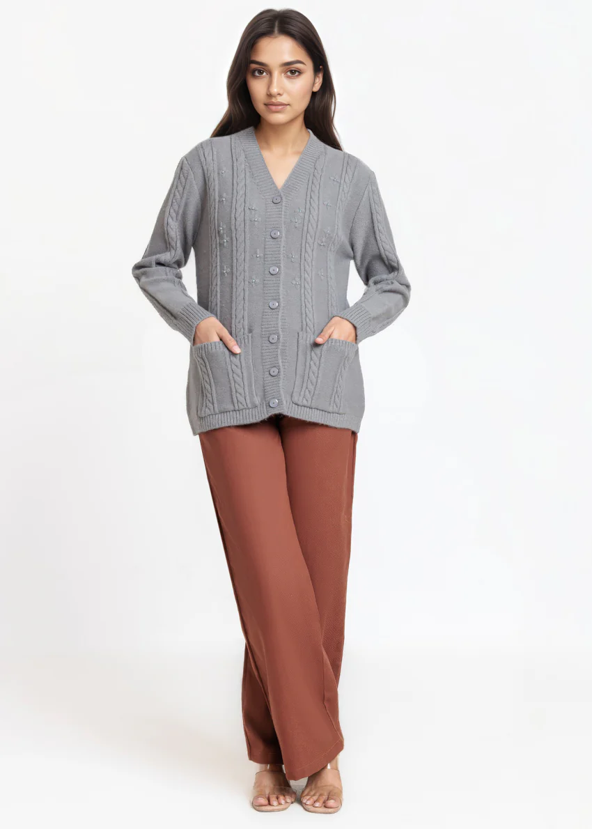 Grey-V-Cardigan Full Sleeves Sweater (25Y-025-67) - Image 5