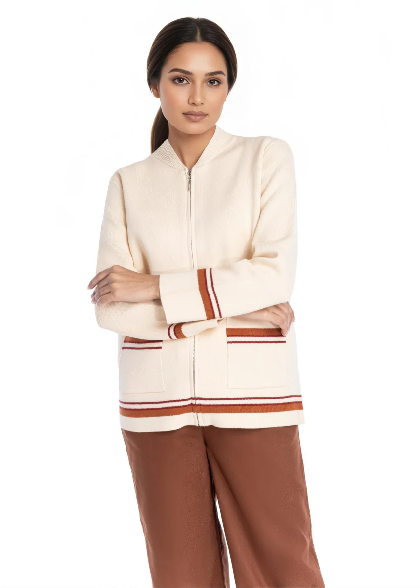 Beige-Baseball Collar Zipper Full Sleeves Sweater (25Y-027-67) - Image 3