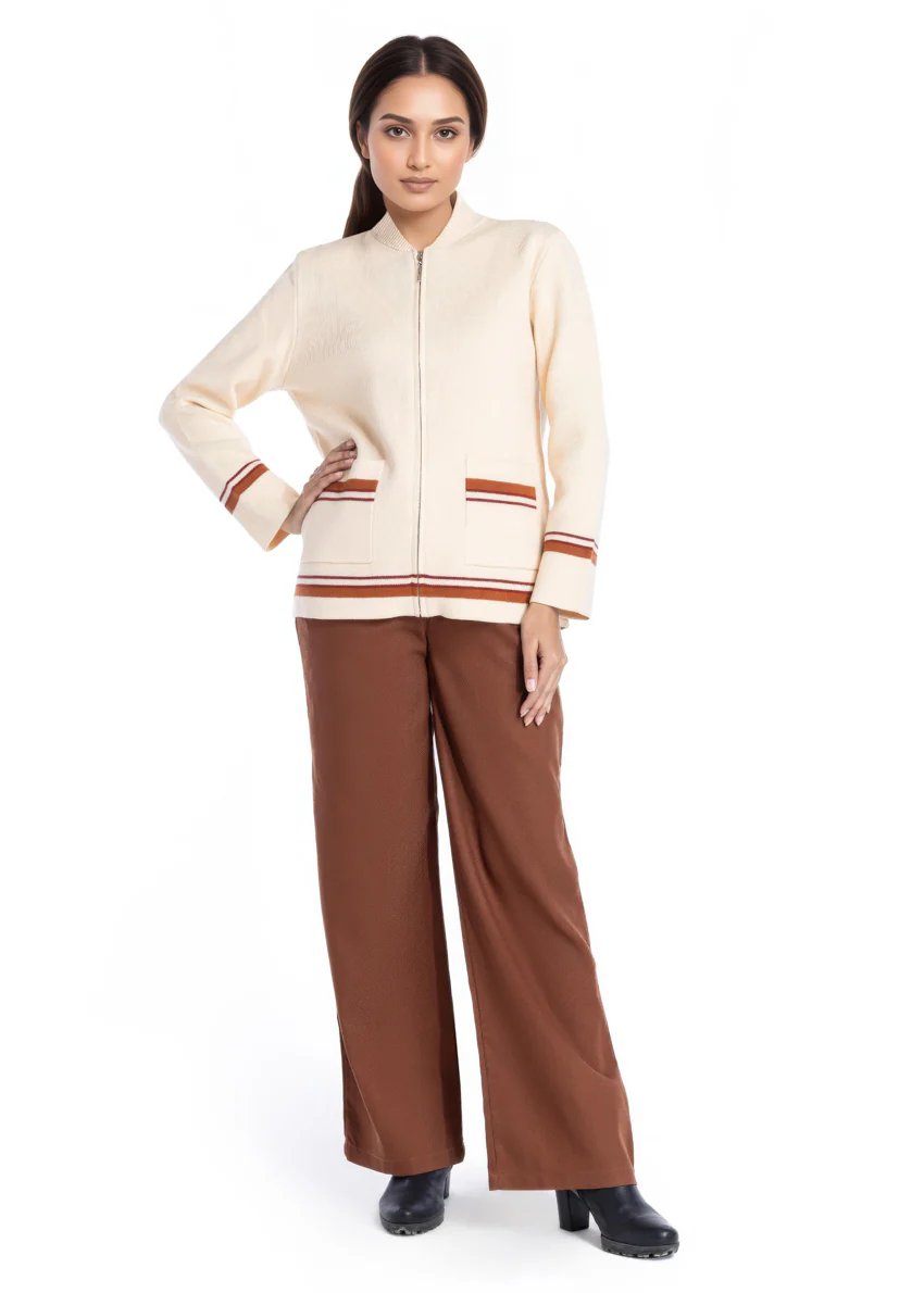Beige-Baseball Collar Zipper Full Sleeves Sweater (25Y-027-67) - Image 4