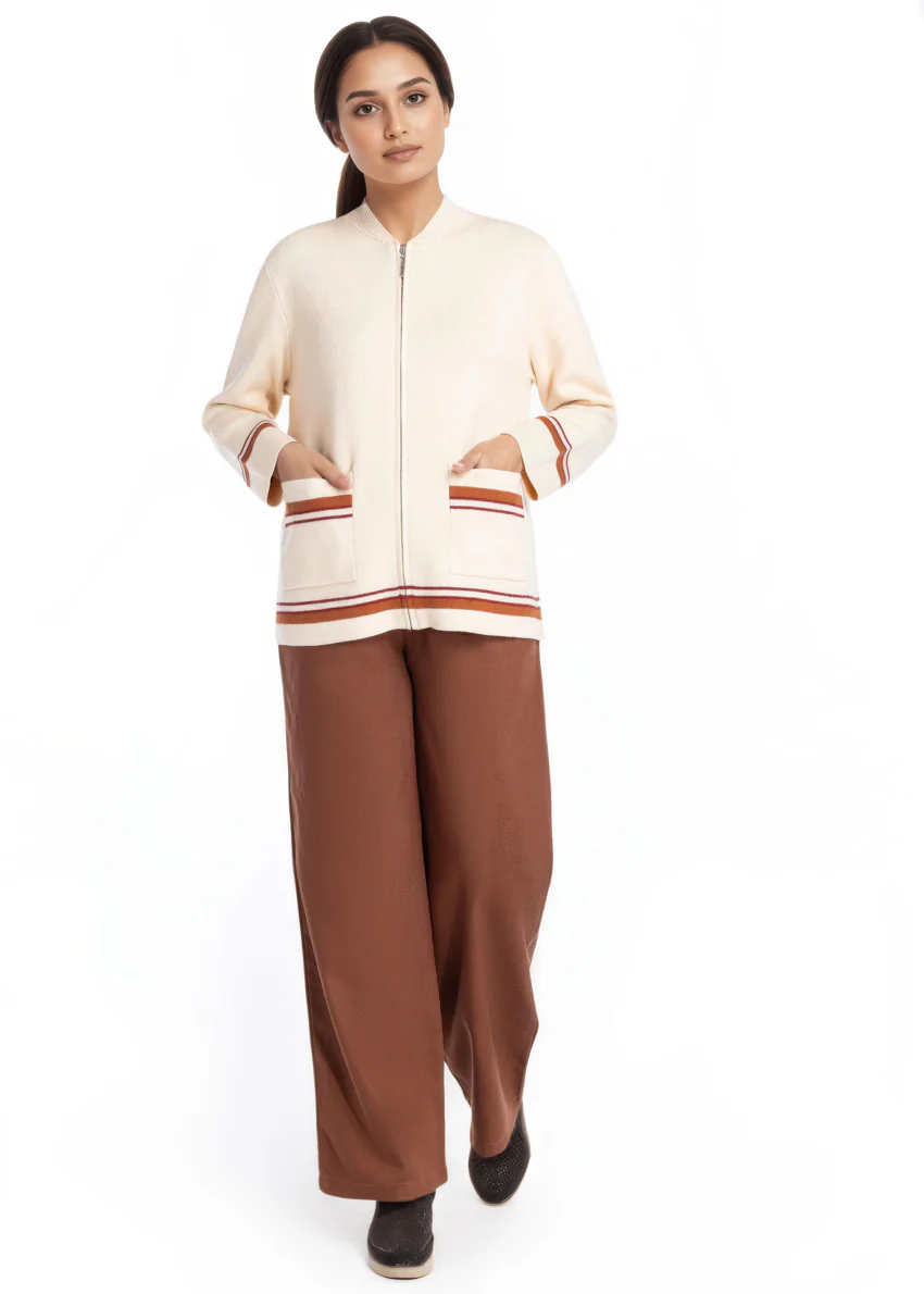 Beige-Baseball Collar Zipper Full Sleeves Sweater (25Y-027-67) - Image 5