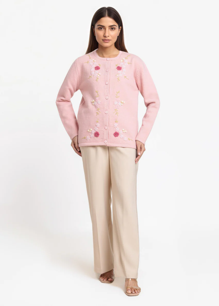 L-Pink-Round Neck Full Sleeves Cardigan Sweater (25Y-031-67) - Image 3