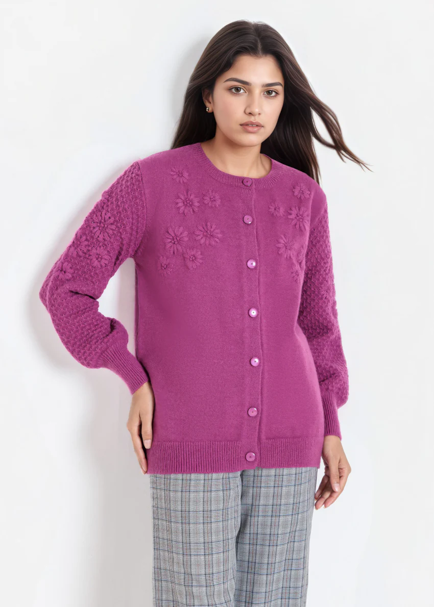 Purple-Round Neck Full Sleeves Cardigan Sweater (25Y-032-67) - Image 3