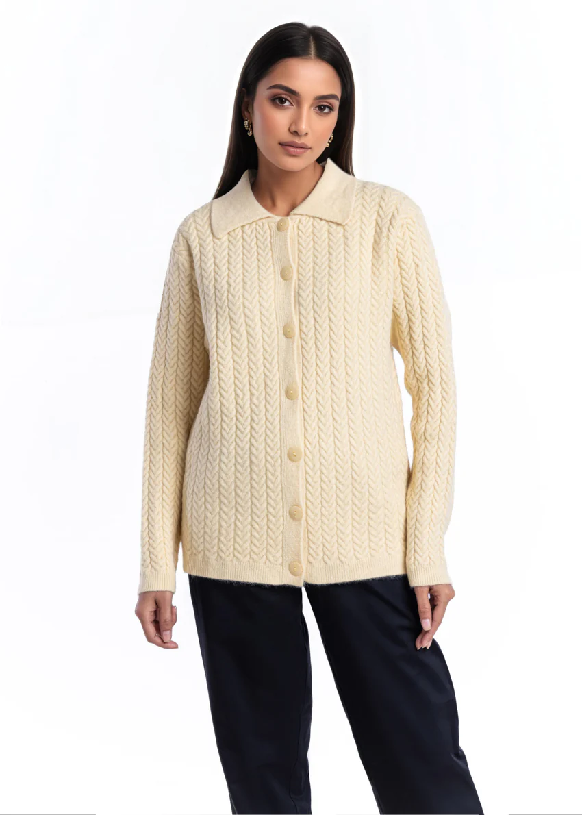Cream-Wing Collar Full Sleeves Cardigan Sweater (25Y-033-67) - Image 3