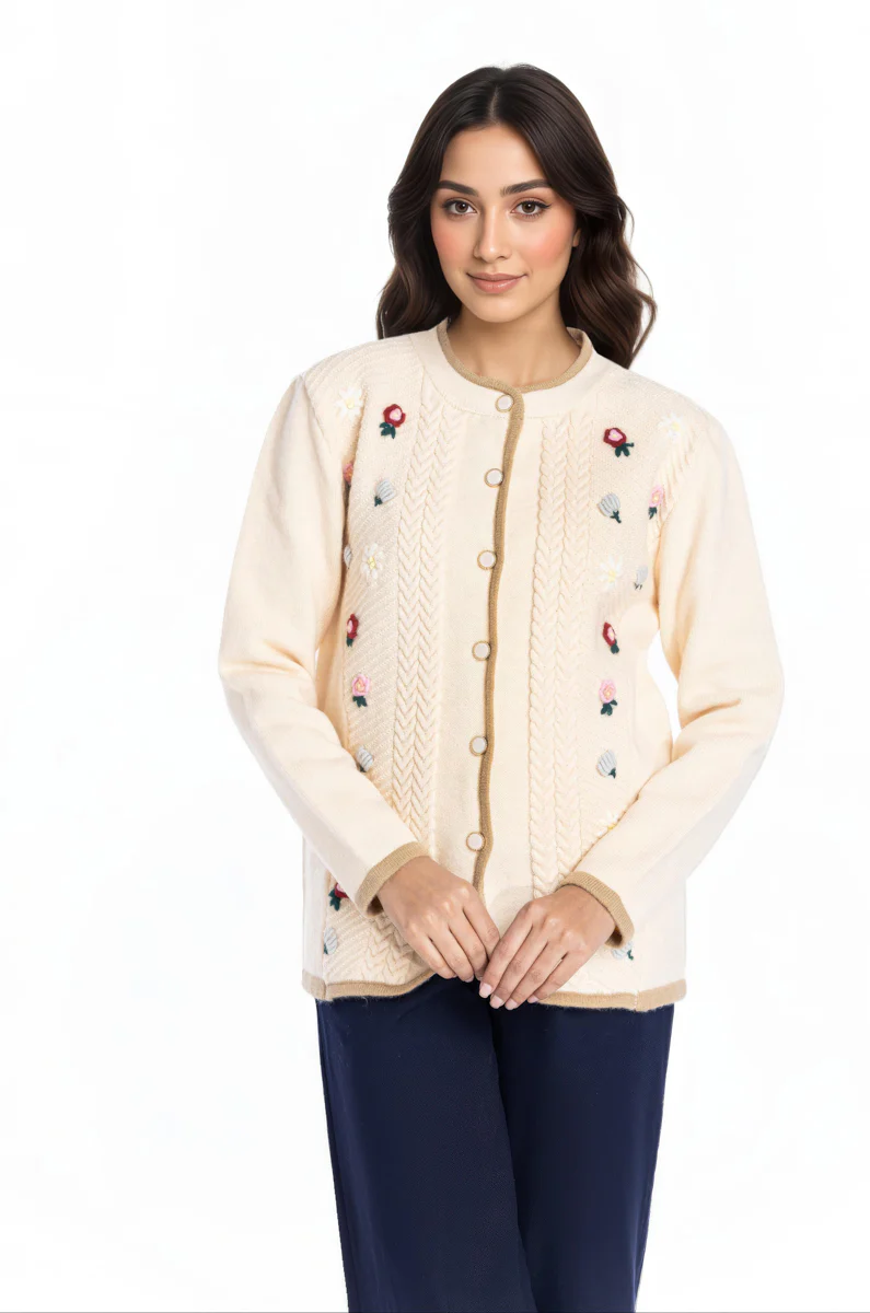 Cream-Round Neck Full Sleeves Cardigan Sweater (25Y-037-67) - Image 3