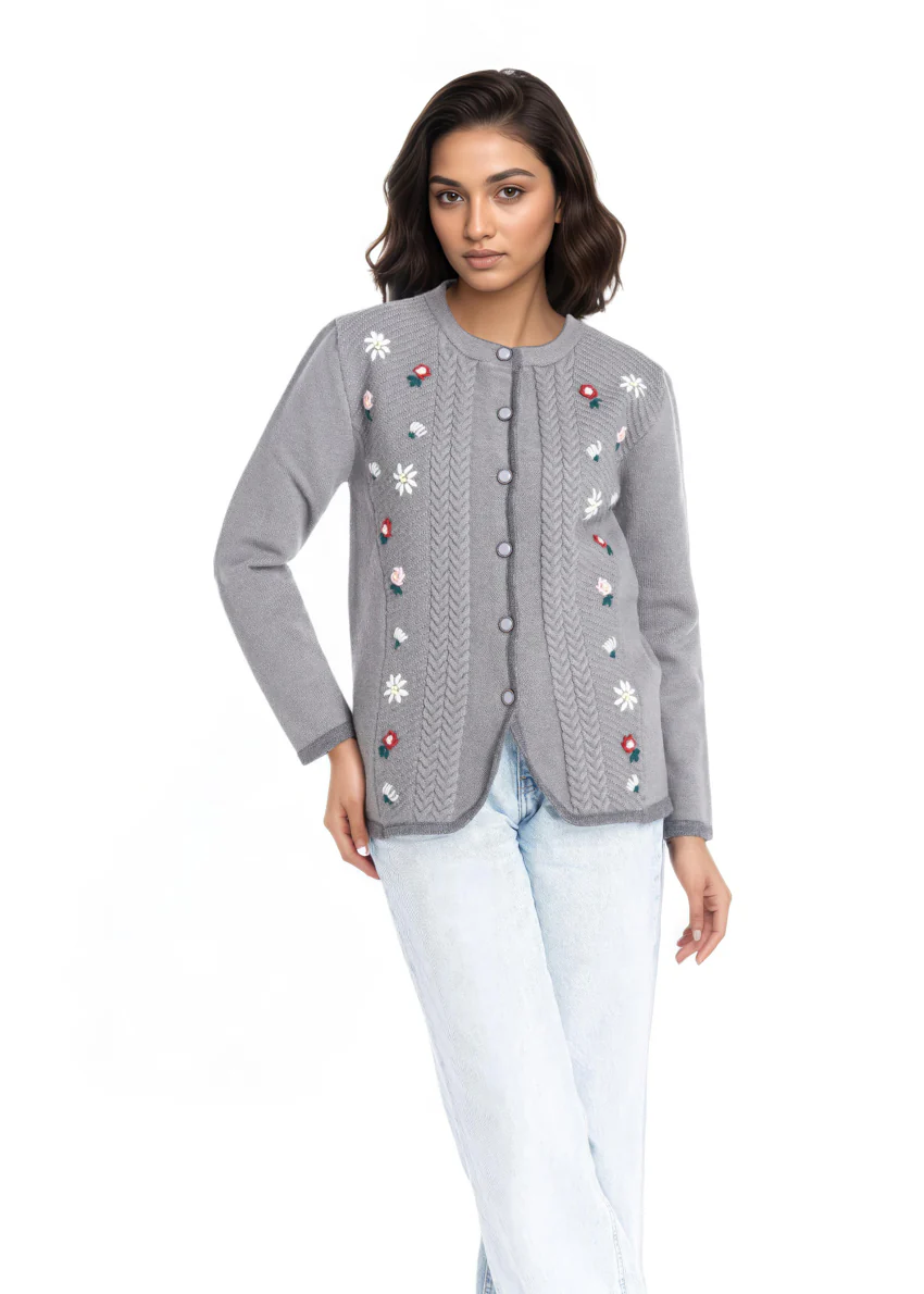 Grey-Round Neck Full Sleeves Cardigan Sweater (25Y-037-67) - Image 3