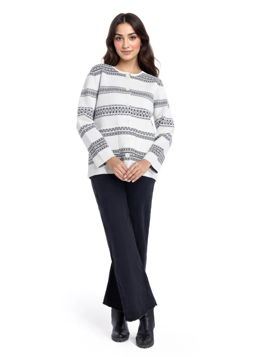 O-White-Round Neck Full Sleeves Cardigan Sweater (25Y-039-67) - Image 2
