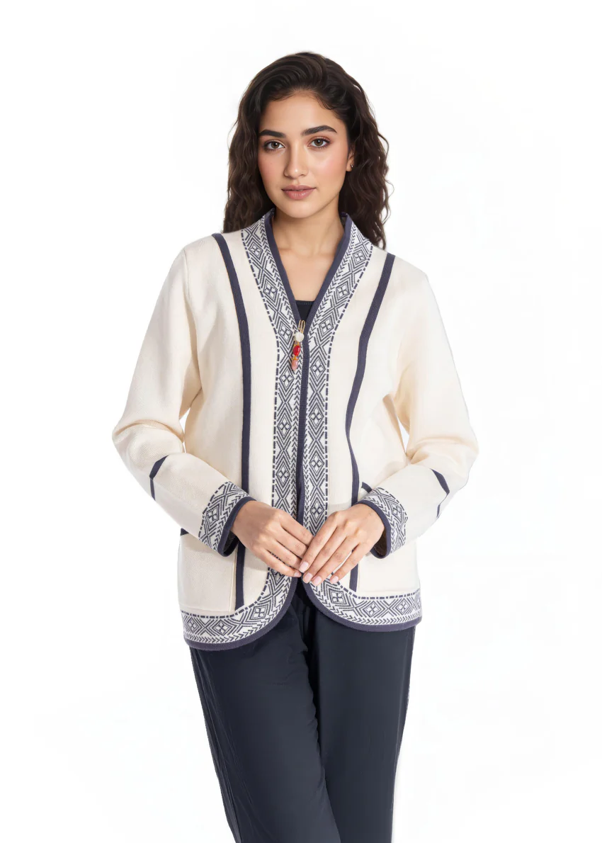 O-White-V Neck Cardigan Full Sleeves Sweater (25Y-040-67) - Image 2