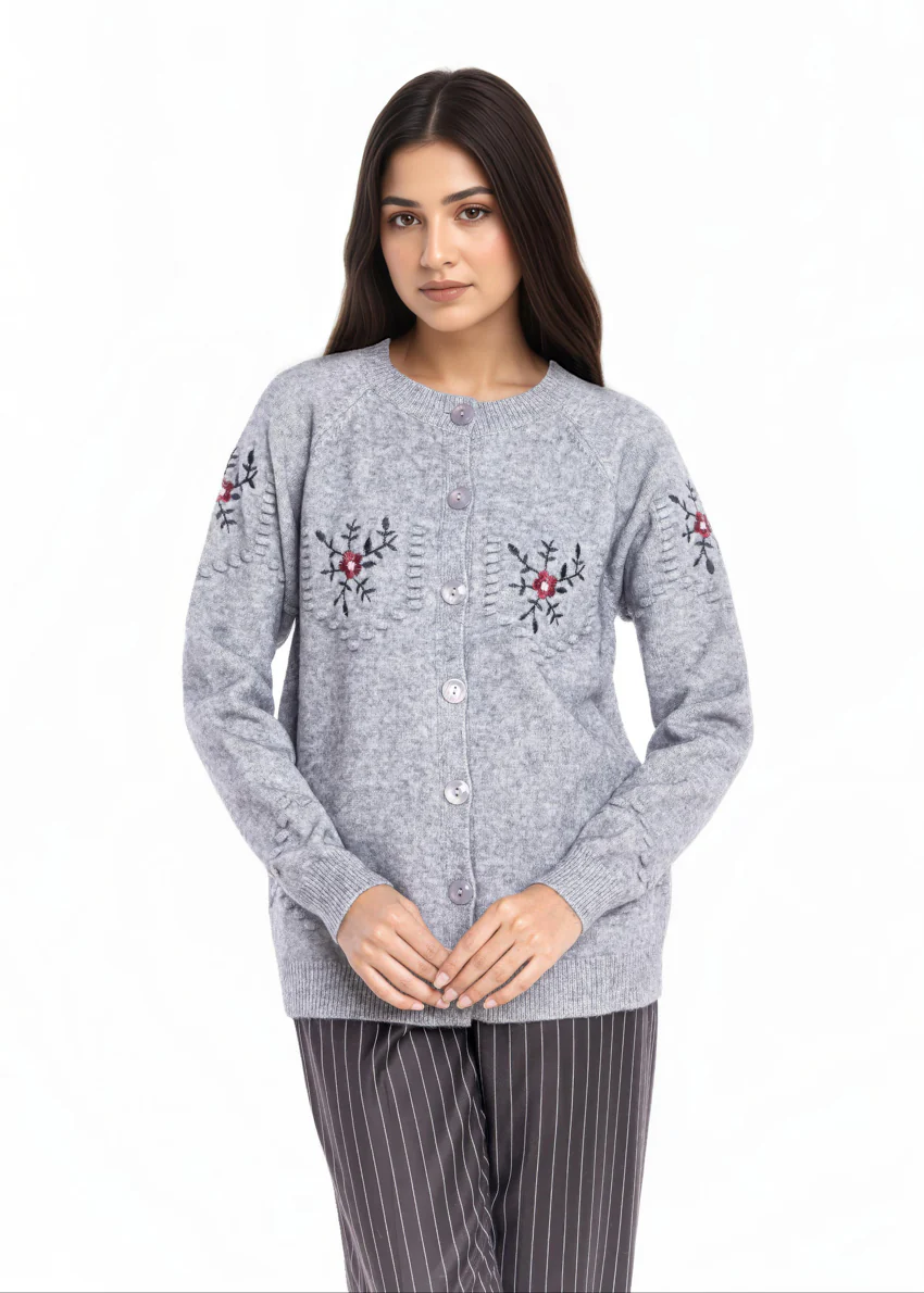 Grey-Round Neck Cardigan Reglan Sleeve Sweater (25Y-041-67) - Image 3
