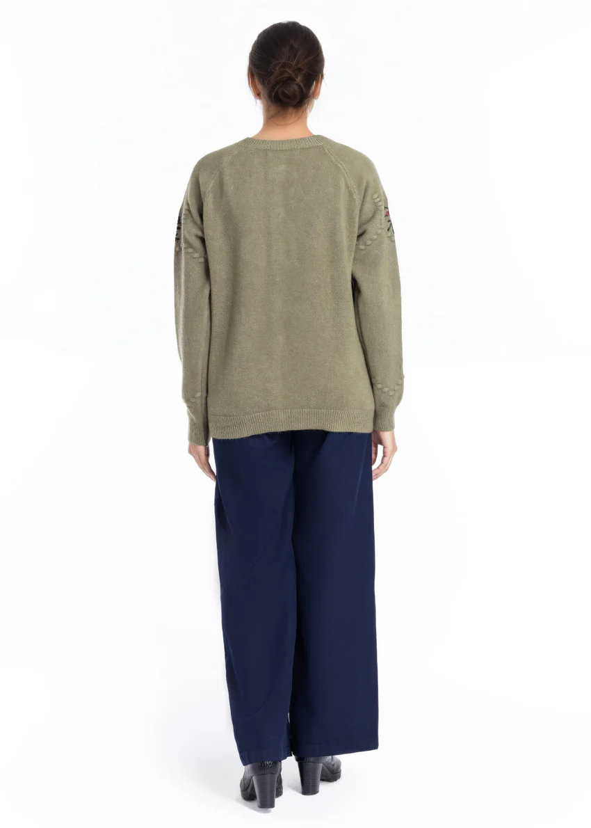 Olive-Round Neck Cardigan Reglan Sleeve Sweater (25Y-041-67) - Image 2