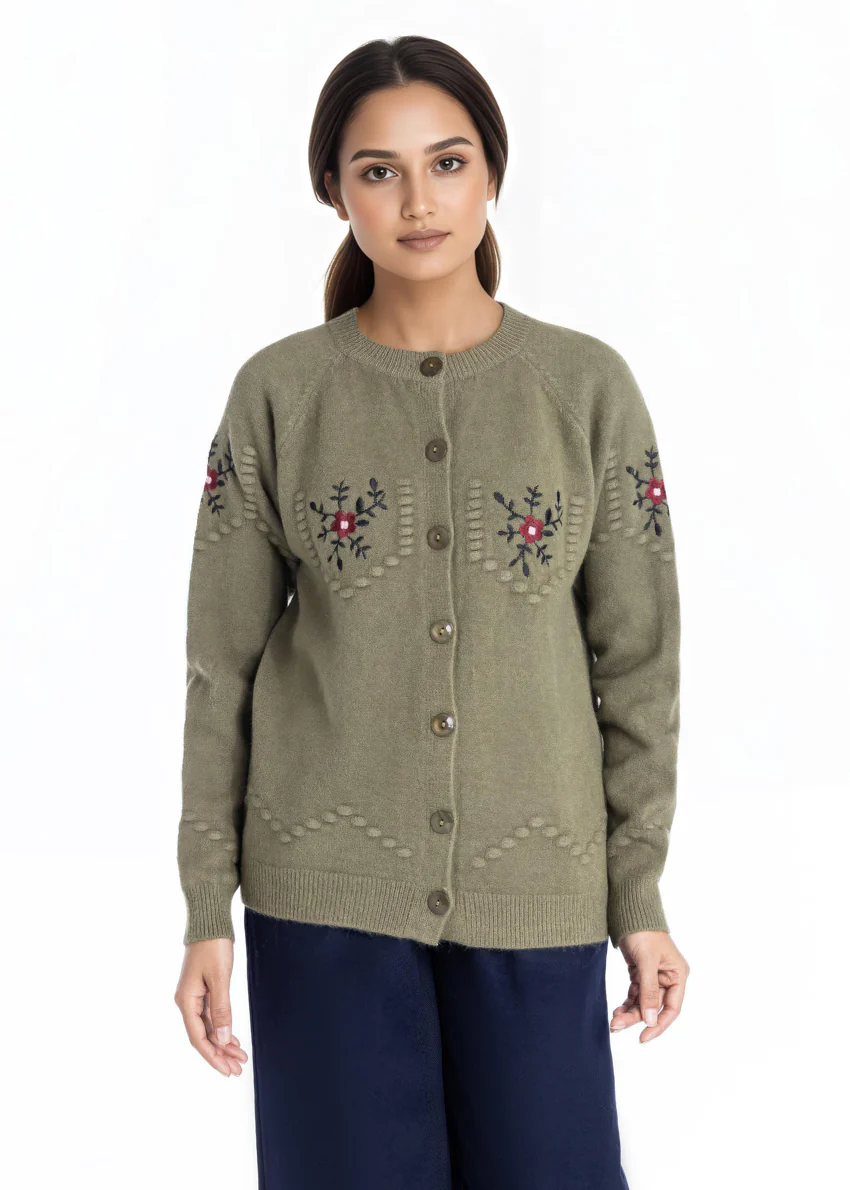 Olive-Round Neck Cardigan Reglan Sleeve Sweater (25Y-041-67) - Image 3