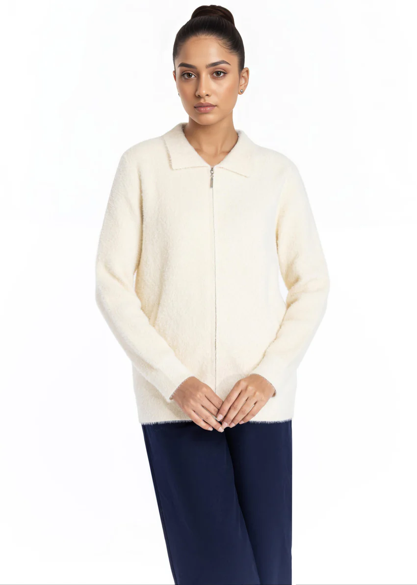 Cream-Wing Collar Zipper Full Sleeves Sweater (25Y-045-67) - Image 4