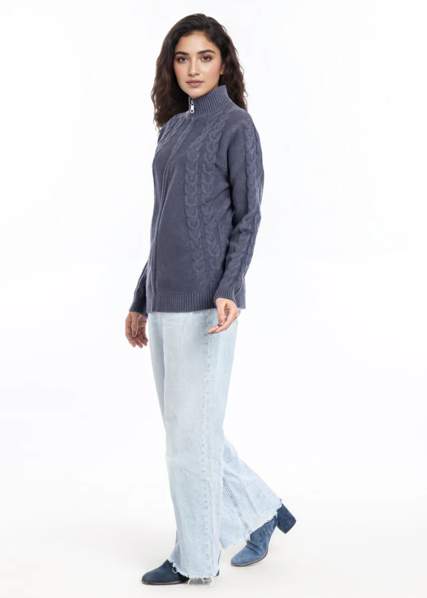 Charcoal-Turtle Neck Collar Zipper Full Sleeves Sweater (25Y-046-67) - Image 4