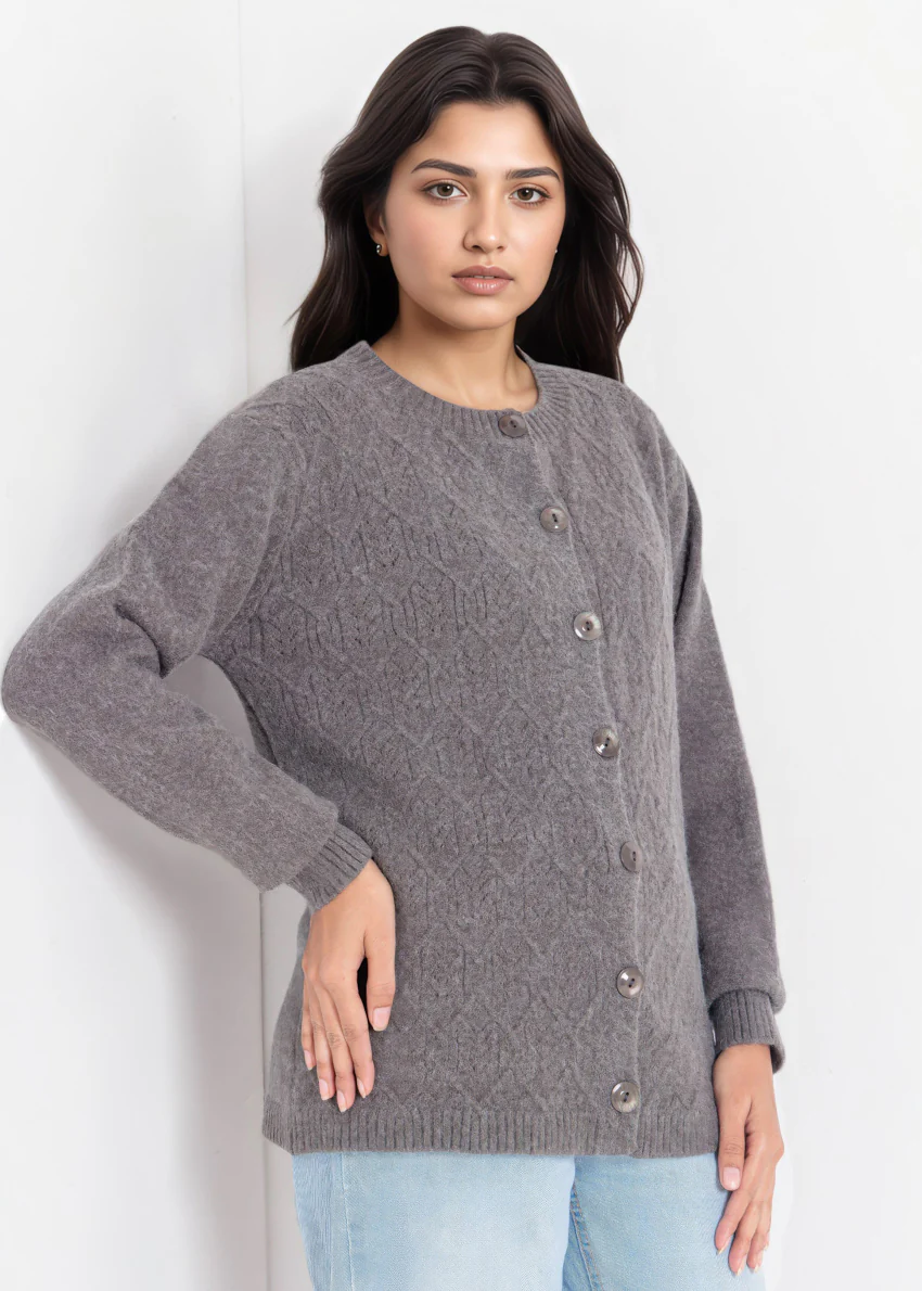 Charcoal-Round Neck Full Sleeves Cardigan Sweater (25Y-055-67) - Image 3