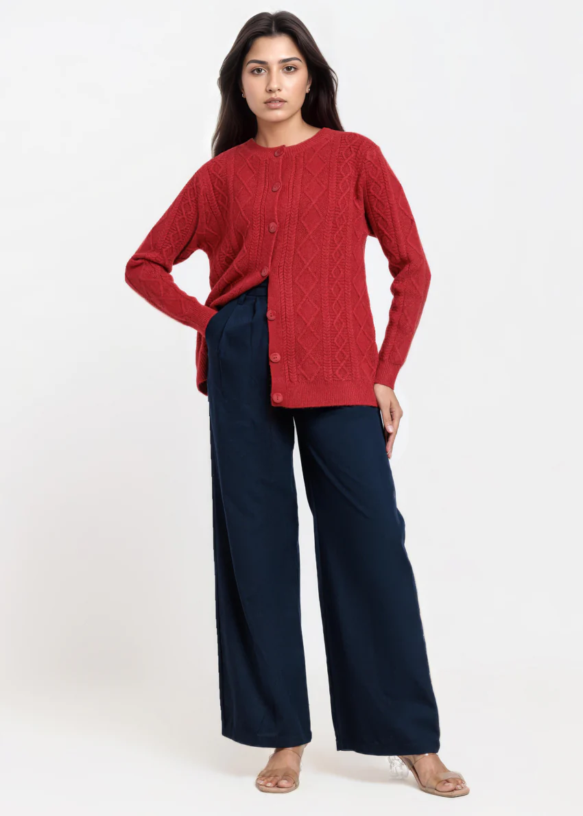 Maroon-Round Neck Full Sleeves Cardigan Sweater (25Y-057-67) - Image 3