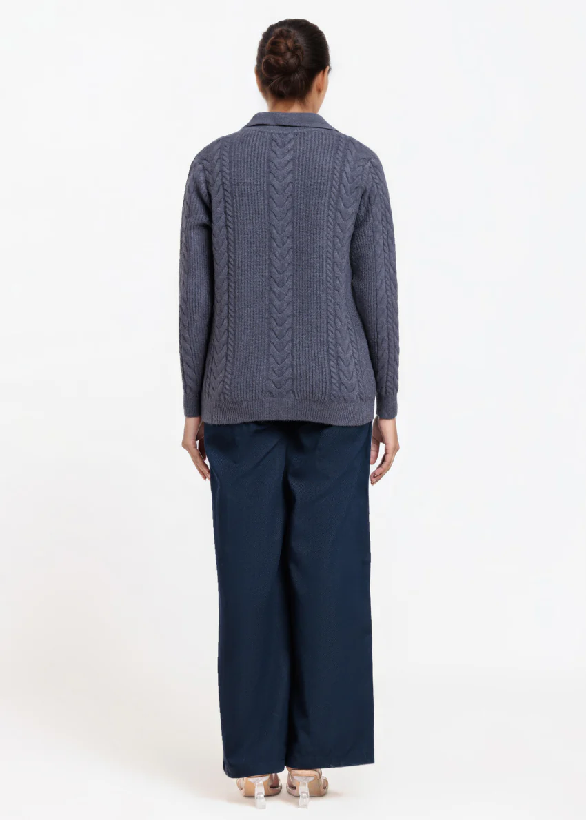 Charcoal-Wing Collar Cardigan Full Sleeves Sweater (25Y-059-67) - Image 2