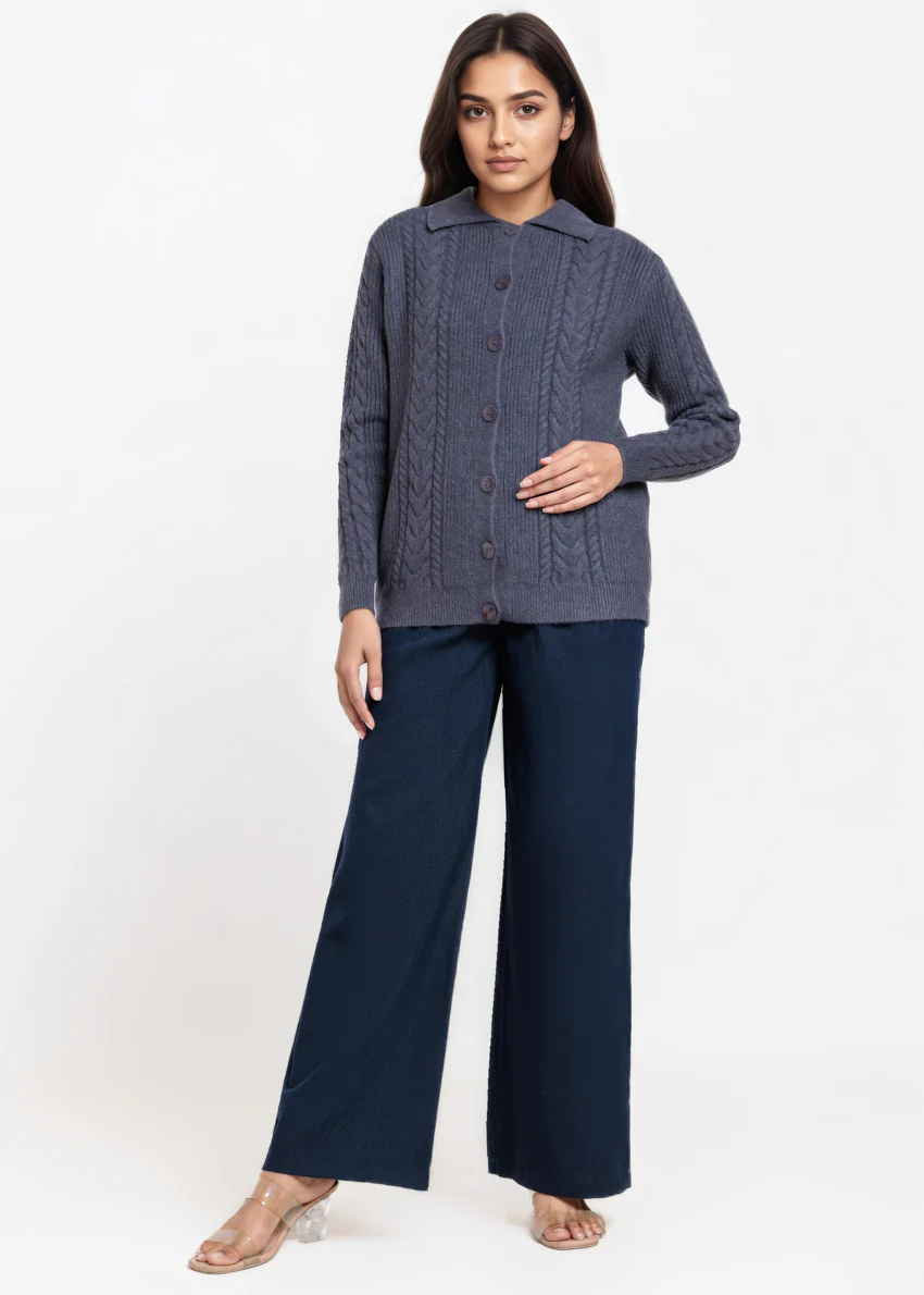 Charcoal-Wing Collar Cardigan Full Sleeves Sweater (25Y-059-67) - Image 3
