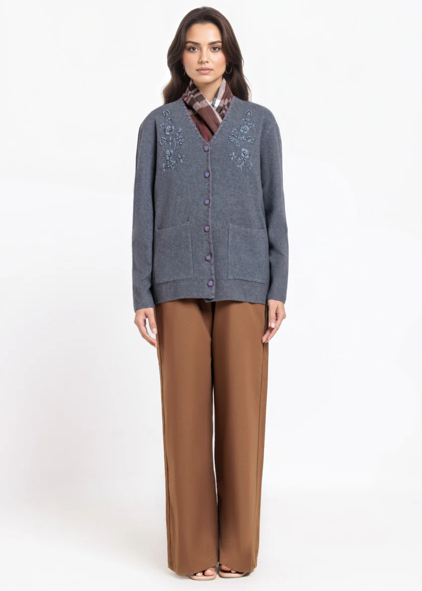 Charcoal-V-Cardigan Full Sleeves Sweater (25Y-060-67) - Image 3