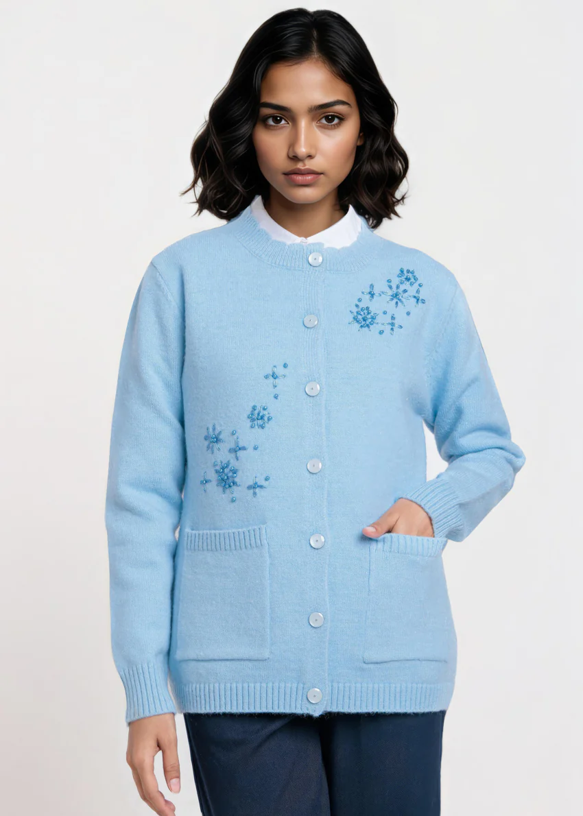 Sky-Blue-Round Neck Full Sleeves Cardigan Sweater (25Y-061-67) - Image 5