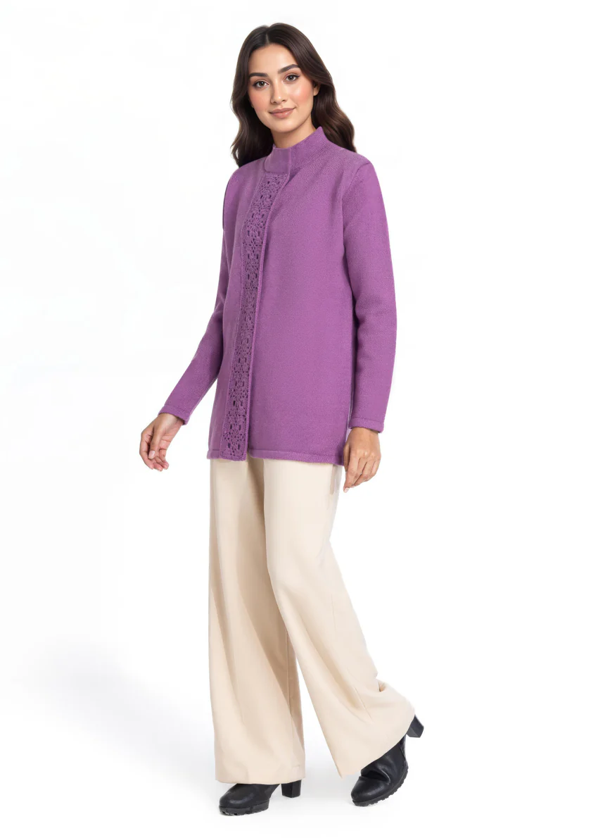 Plum-High Neck Collar Full Sleeves Cardigan Sweater (25Y-069-67) - Image 5