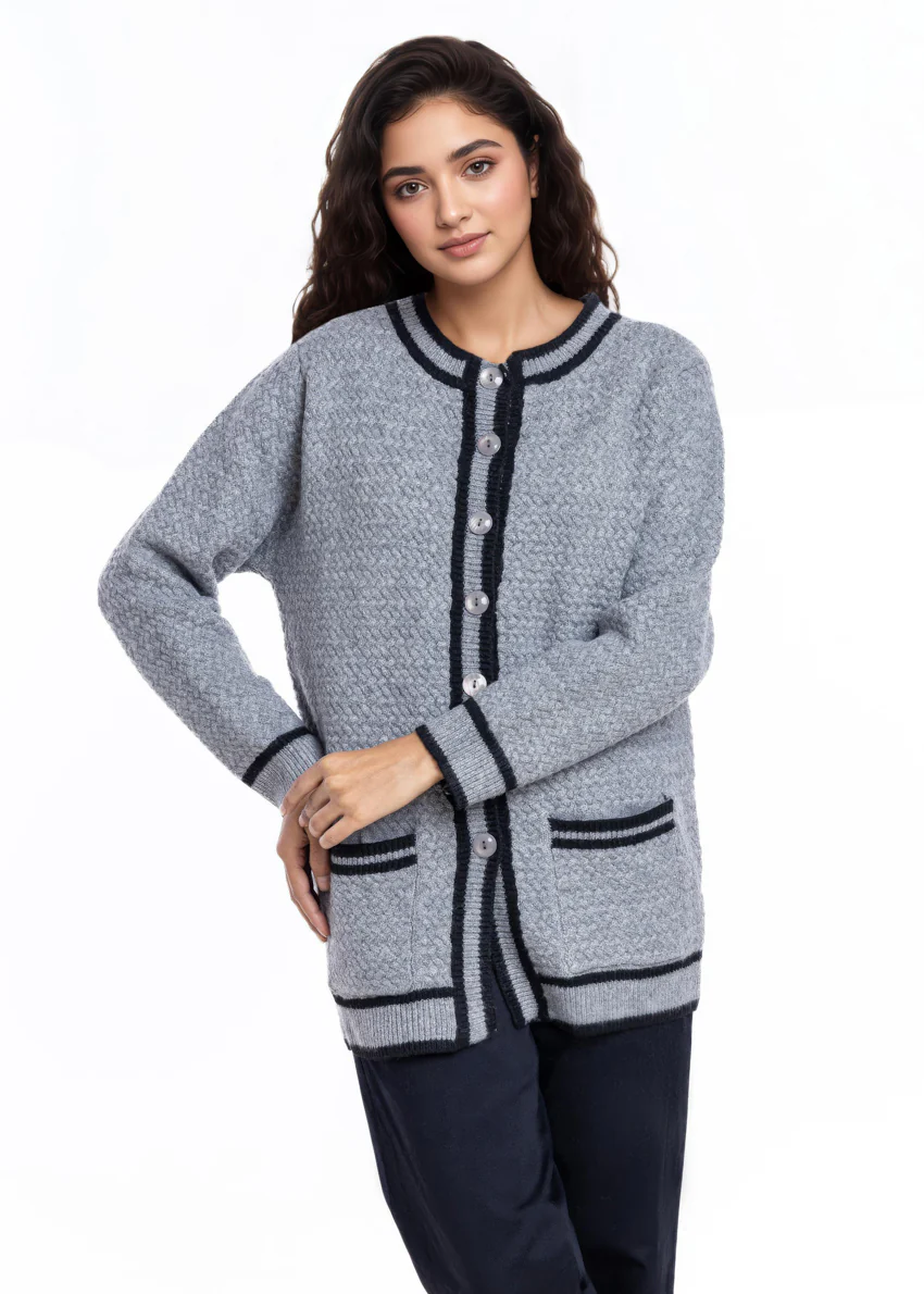 Grey-Round Neck Cardigan Full Sleeves Sweater (25Y-071-67) - Image 3