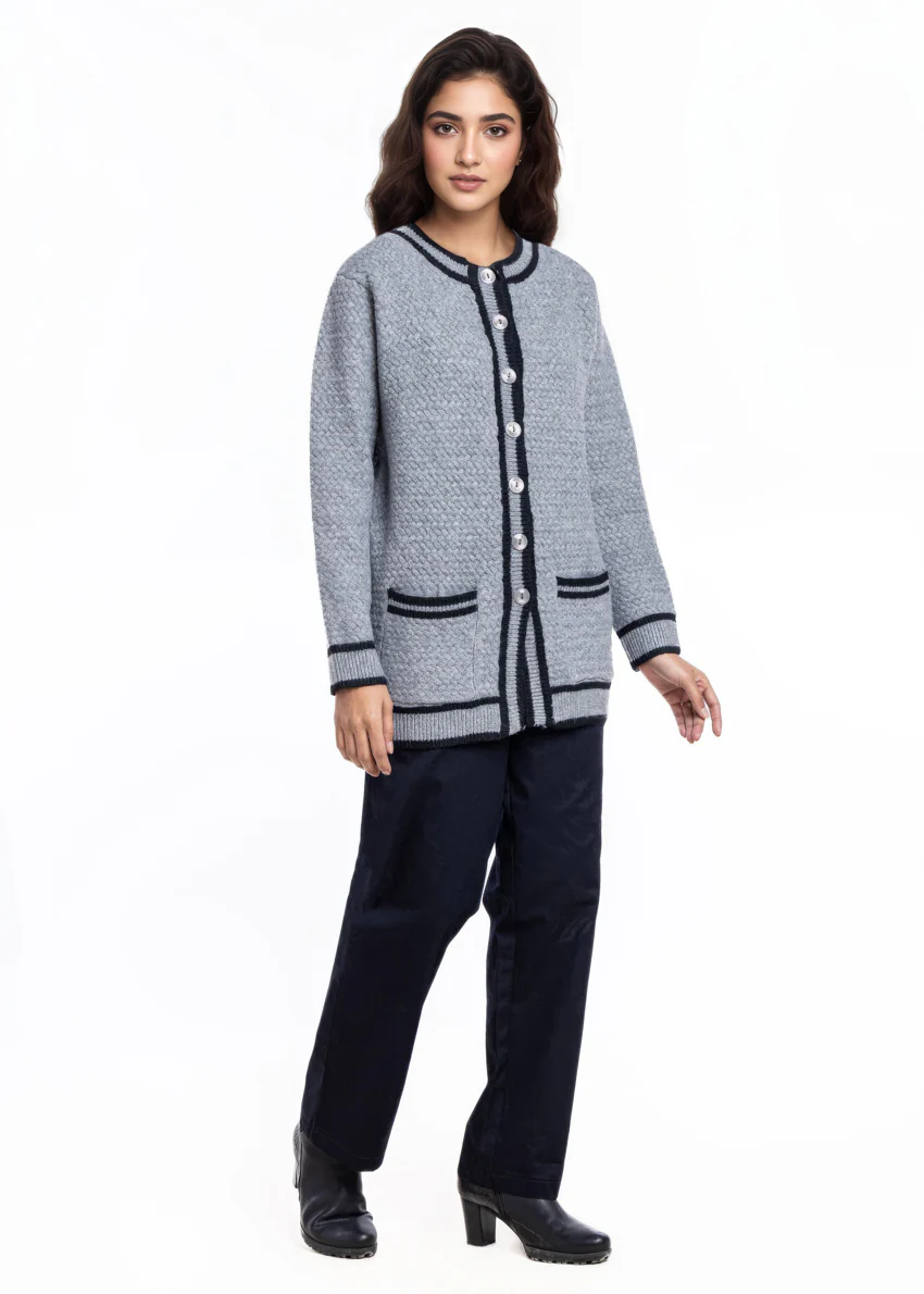 Grey-Round Neck Cardigan Full Sleeves Sweater (25Y-071-67) - Image 4