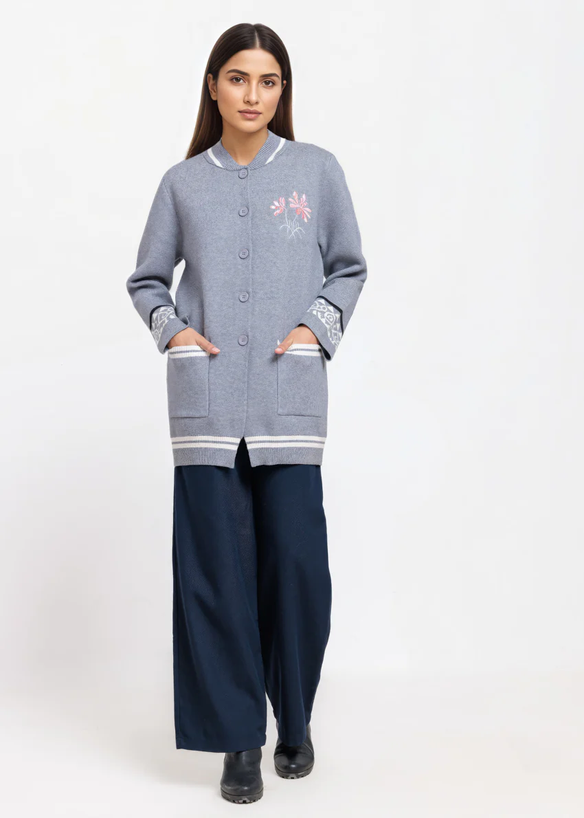 Grey-Baseball Collar Full Sleeves Cardigan Sweater (25Y-072-67) - Image 4