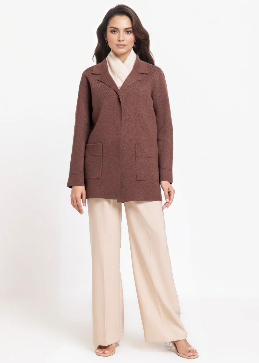 Brown-Notched Collar Full Sleeves Cardigan Sweater (25Y-074-67) - Image 3