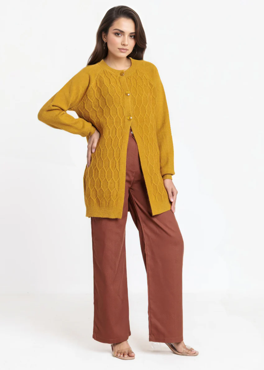 Mustard-Round Neck Full Sleeves Cardigan Sweater (25Y-076-67) - Image 3