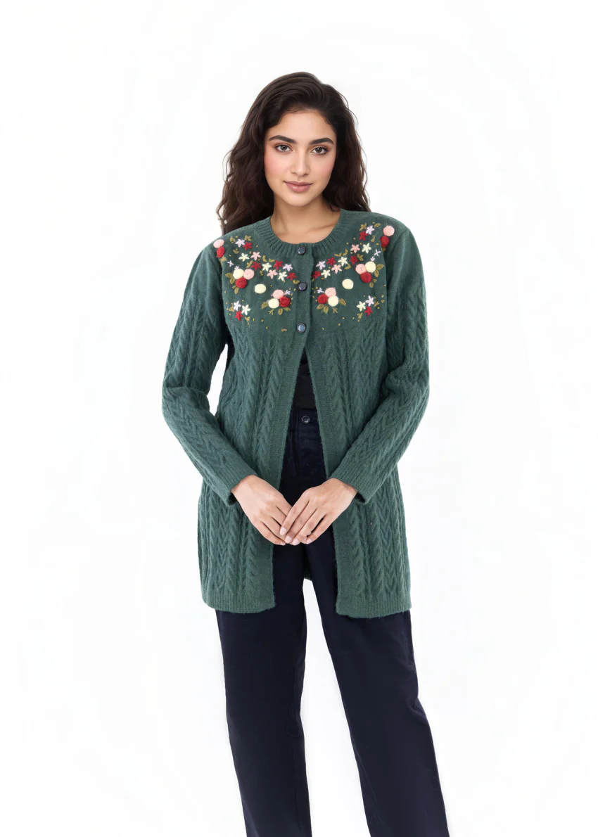 Green-Round Neck Full Sleeves Cardigan Sweater (25Y-077-67) - Image 3