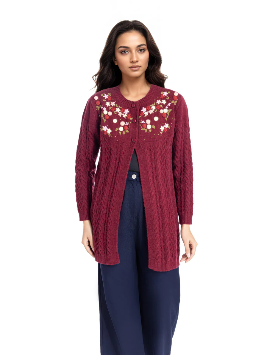 Maroon-Round Neck Full Sleeves Cardigan Sweater (25Y-077-67) - Image 3