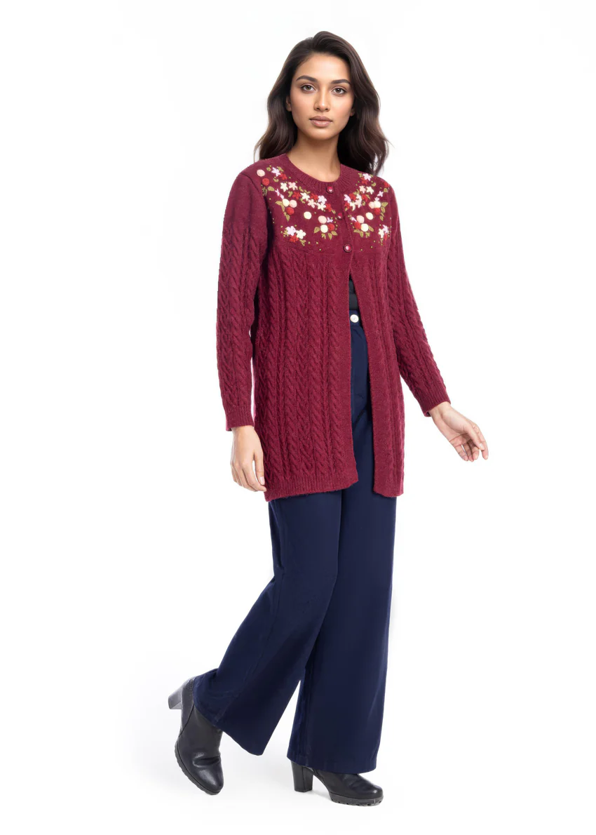 Maroon-Round Neck Full Sleeves Cardigan Sweater (25Y-077-67) - Image 4