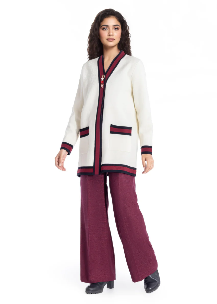 White-V Neck Cardigan Full Sleeves Sweater (25Y-079-67) - Image 3