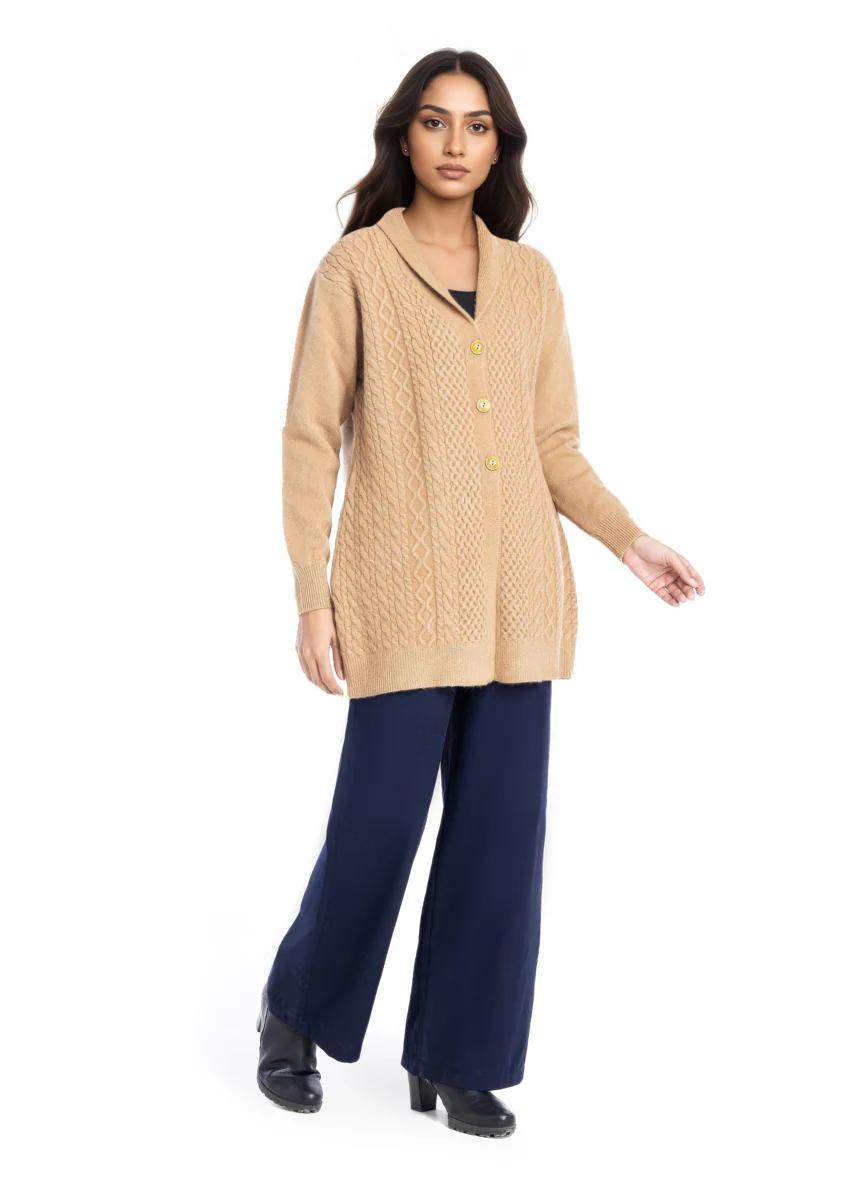 Beige-Shawl Collar Full Sleeves Cardigan Sweater (25Y-082-67) - Image 3