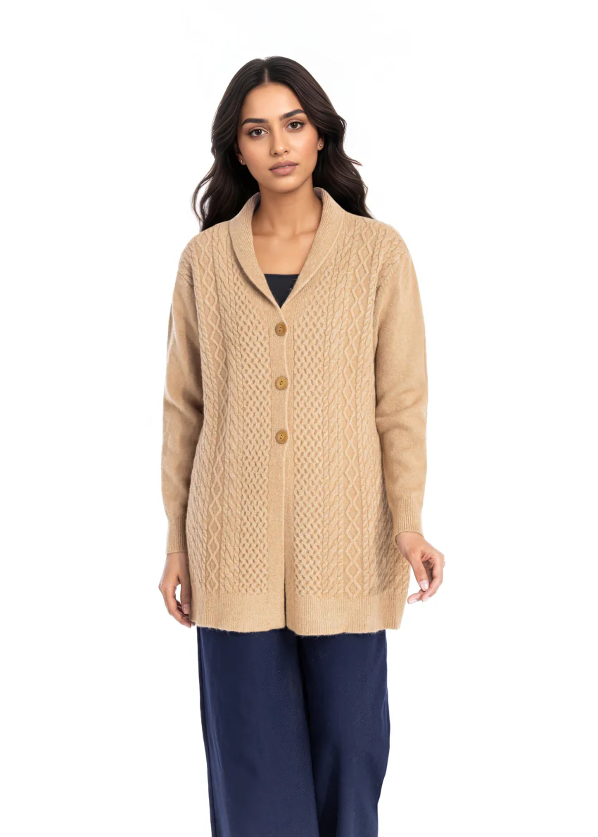 Beige-Shawl Collar Full Sleeves Cardigan Sweater (25Y-082-67) - Image 4