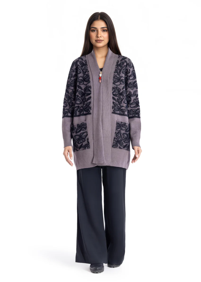 Charcoal-V Neck Cardigan Full Sleeves Sweater (25Y-086-67) - Image 3