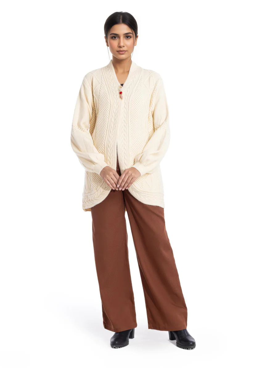 L-Beige-V Neck Cardigan Full Sleeves Sweater (25Y-088-67) - Image 2