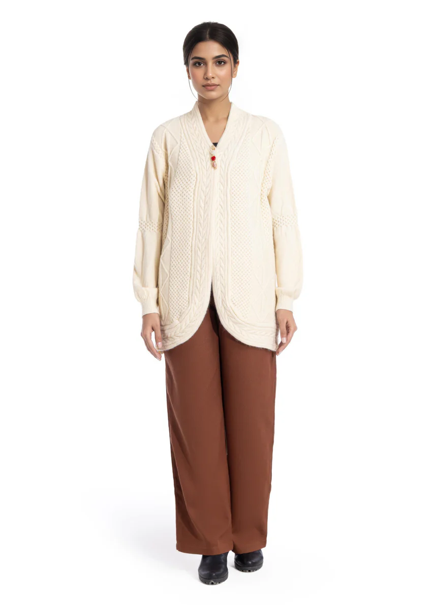 L-Beige-V Neck Cardigan Full Sleeves Sweater (25Y-088-67) - Image 3